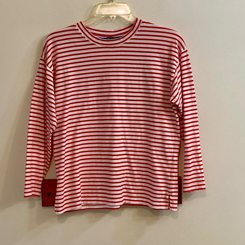 AYR Striped Long Sleeve Tee Women XS Red White Pima Cotton Relaxed Boat Casual